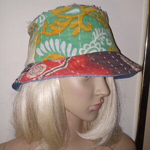 Kantha & Denim Bucket Hat Reversible Green Marigold Red Black Handmade BHAT8.